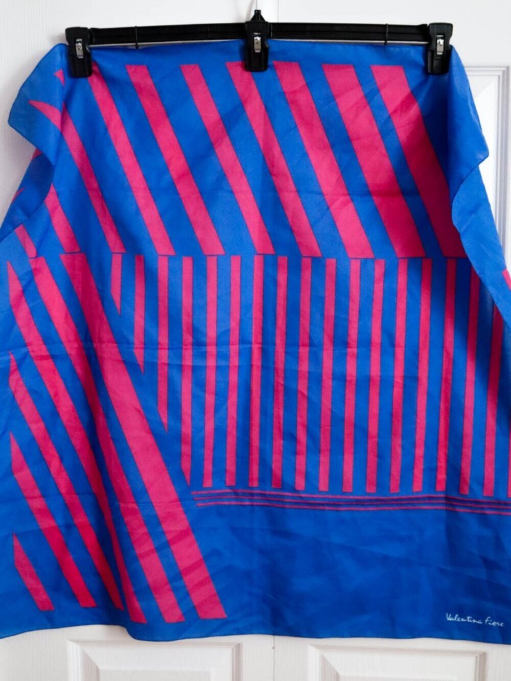 Vintage Valentina Fiore Purse Fashion Scarf Square Blue Pink Geometric Lines 30"